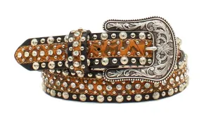 1 1/2'' Floral Embossed Rhinestone Nailhead Belt