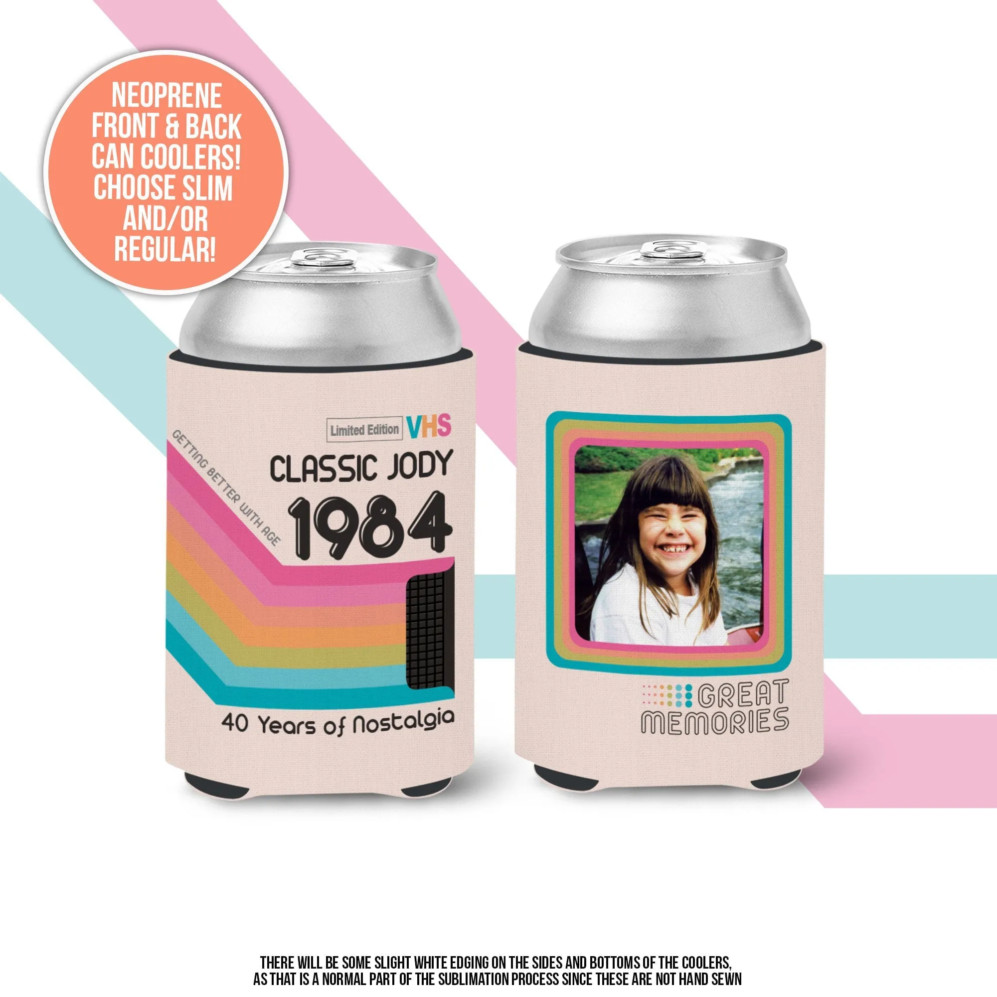 30th Birthday coolers retro 90s colors photo slim regular can coolies personalized classic nostalgia can cooler birthday favors MCC-172-B