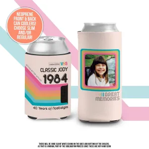 30th Birthday coolers retro 90s colors photo slim regular can coolies personalized classic nostalgia can cooler birthday favors MCC-172-B