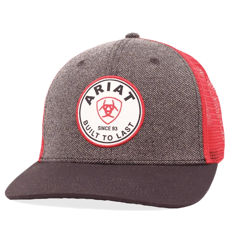 Ariat M&F Grey Red Mesh Round Patch Cap