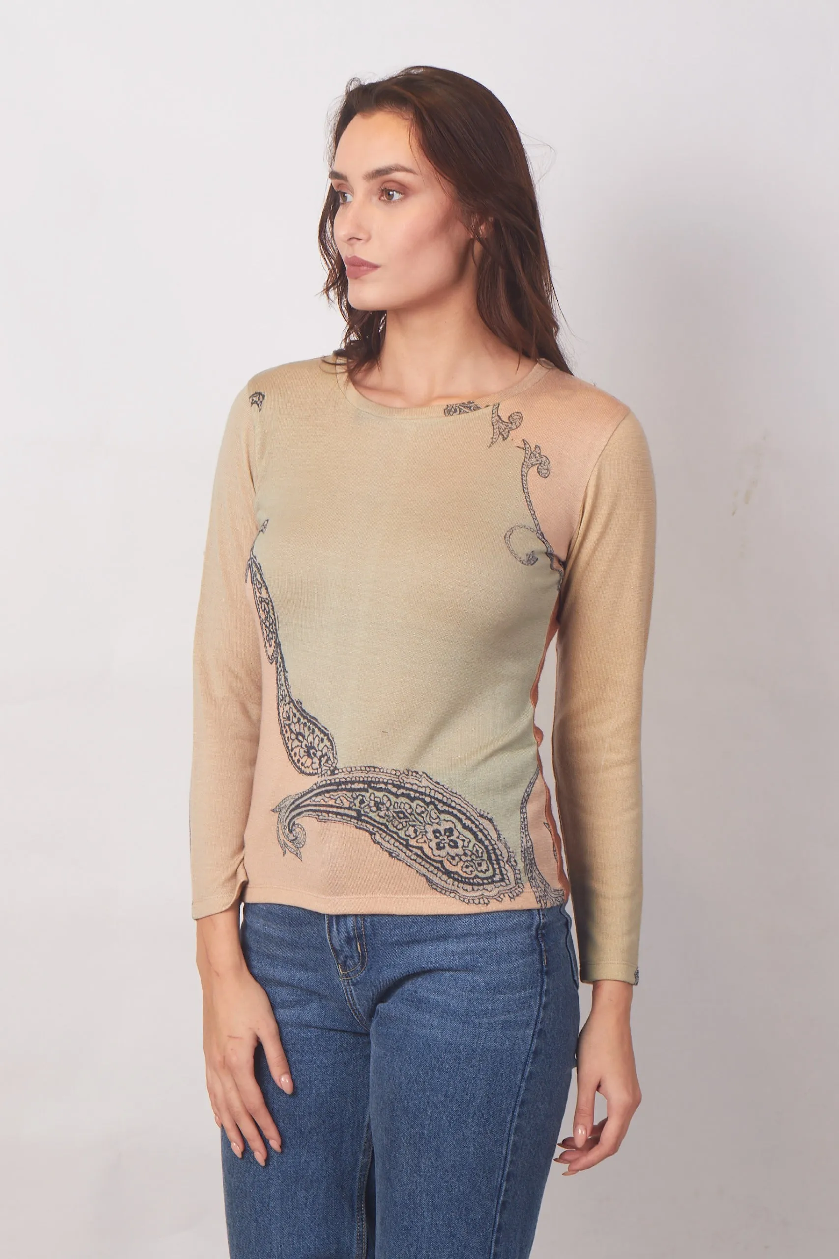 Beige Paisley Round-Neck Top