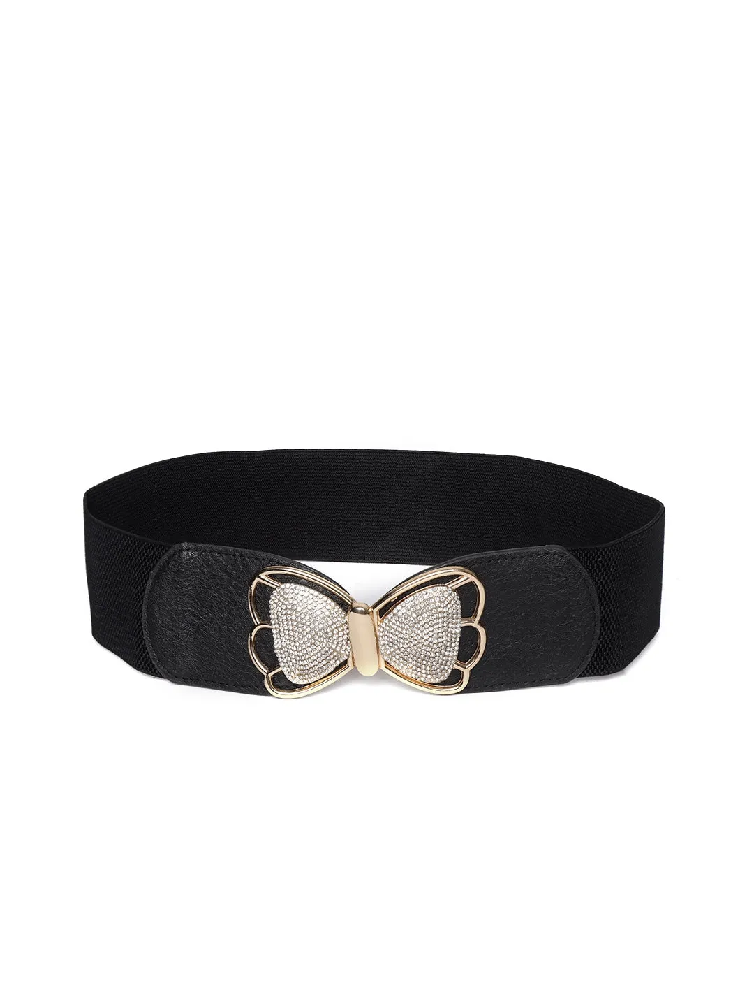 Berrylush Women Black Elastic Strap Golden Butterfly Buckle Belt