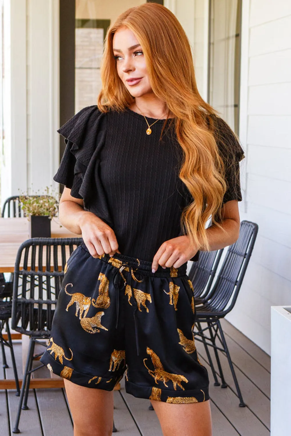 Black Braided Textured Layered Ruffle Sleeve Blouse