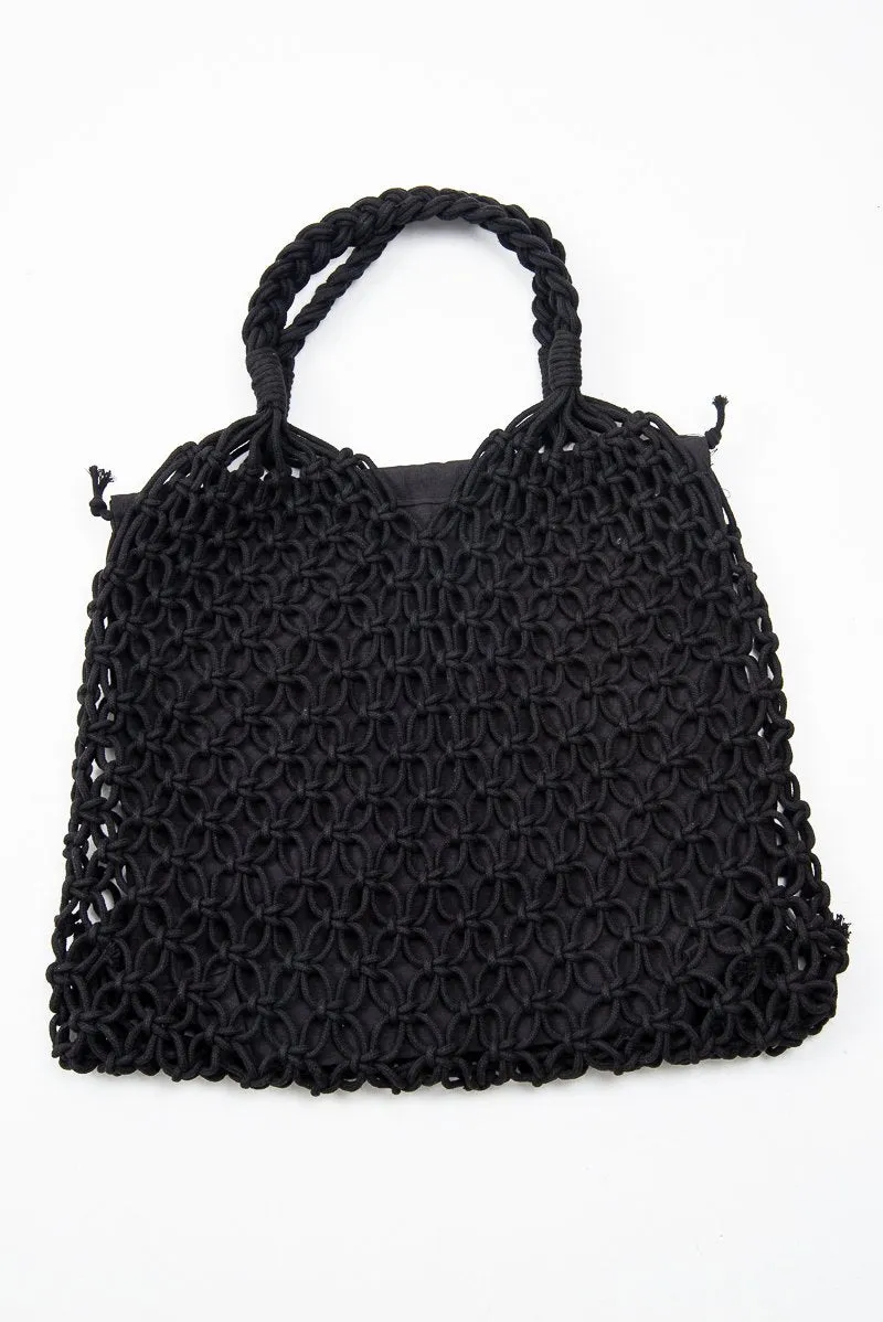 Black Rope Knotted Braid Detail Tote Bag - Farah