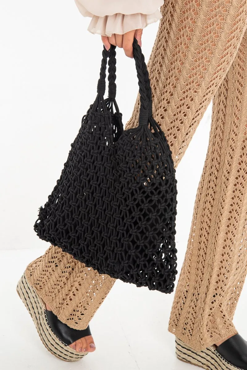 Black Rope Knotted Braid Detail Tote Bag - Farah