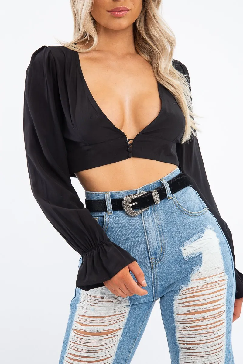 Black Woven Plunge Button Front Crop Blouse - Katerina