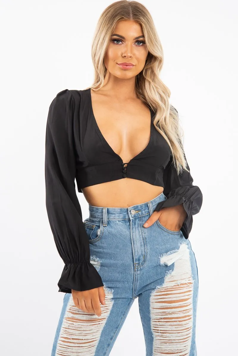 Black Woven Plunge Button Front Crop Blouse - Katerina