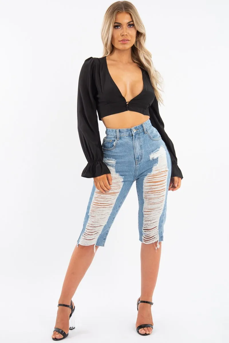 Black Woven Plunge Button Front Crop Blouse - Katerina