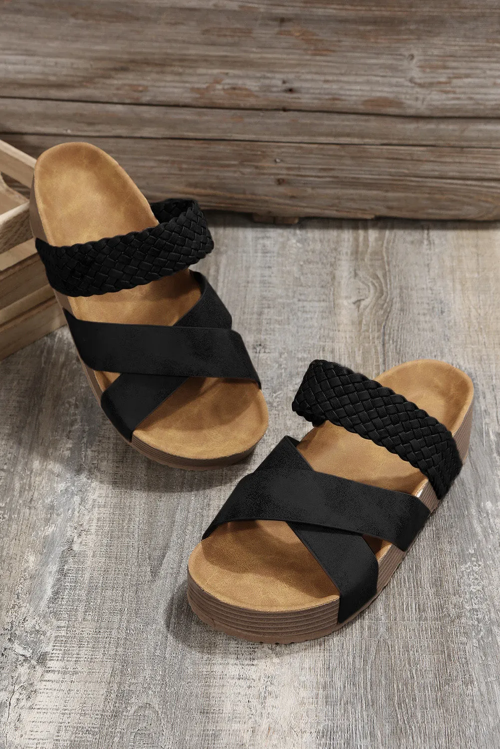 Brown Braided Detail Criss Cross Platform Sandals