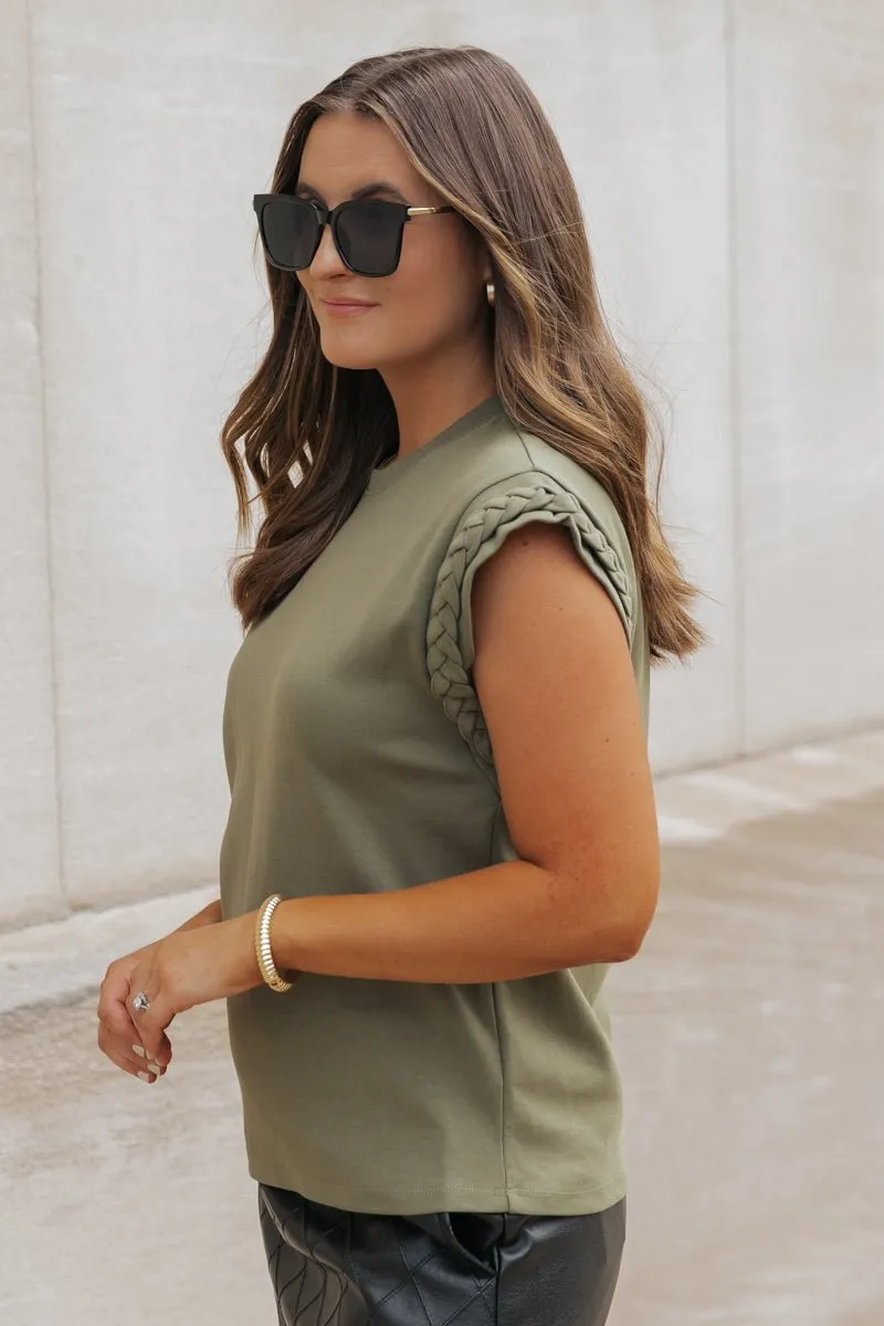 Cap Sleeve Braided Detail Top - Olive