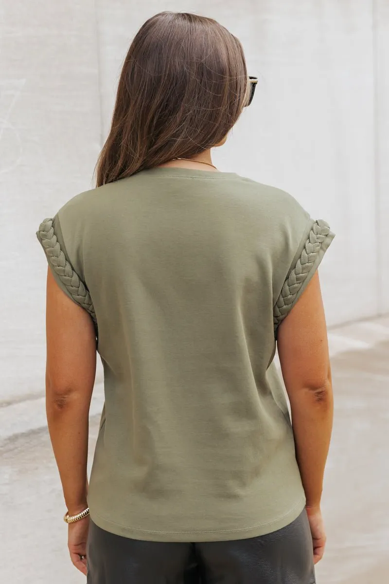 Cap Sleeve Braided Detail Top - Olive