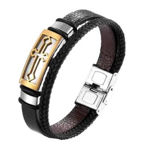 Classy Men Gold Cross Leather Band Bracelet