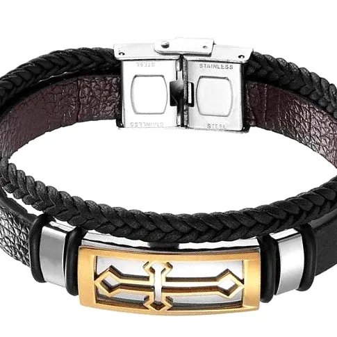 Classy Men Gold Cross Leather Band Bracelet