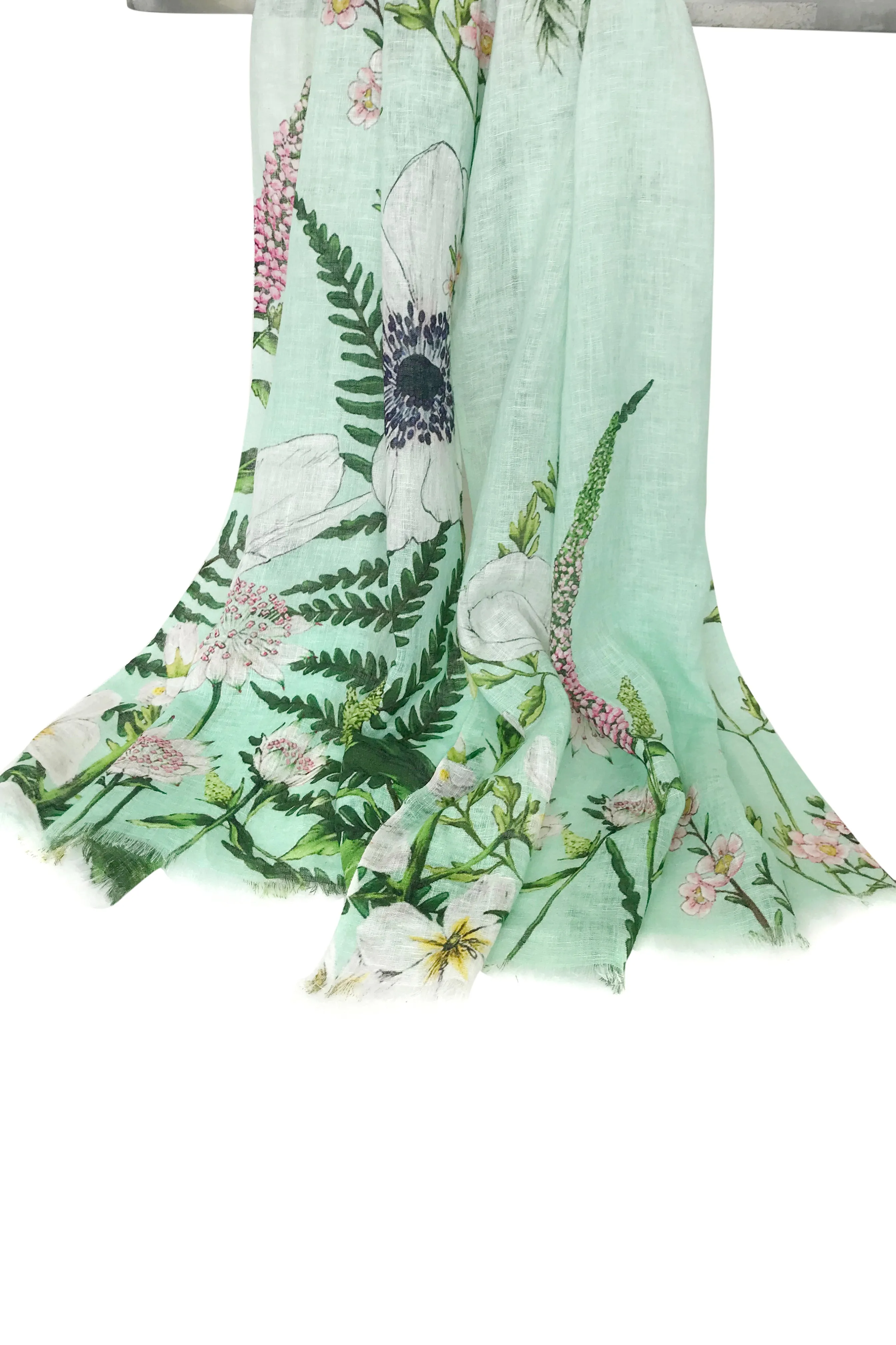 Green Floral Linen Scarf