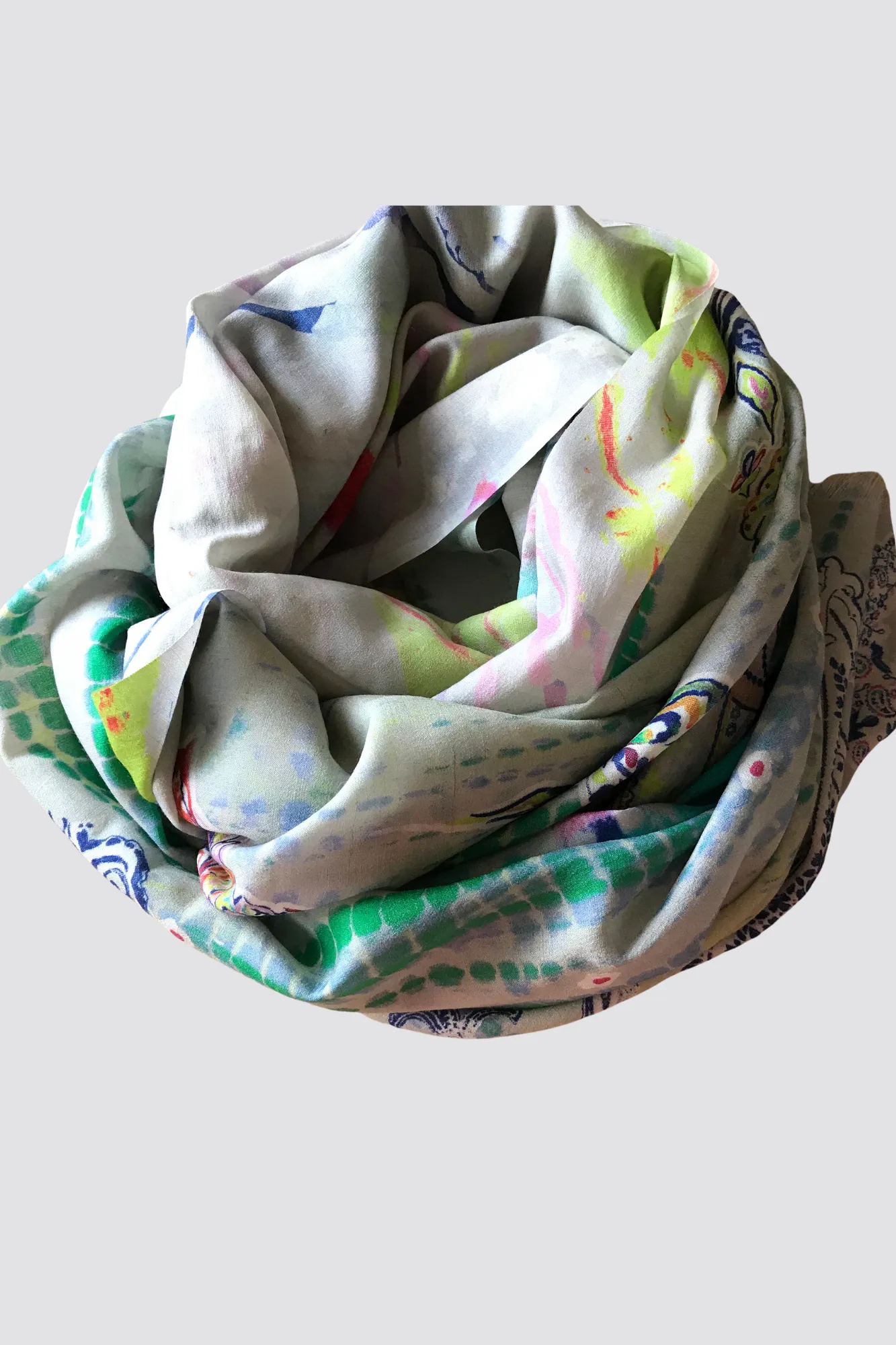 Grey Paisley Print Raw Silk Cashmere Scarf