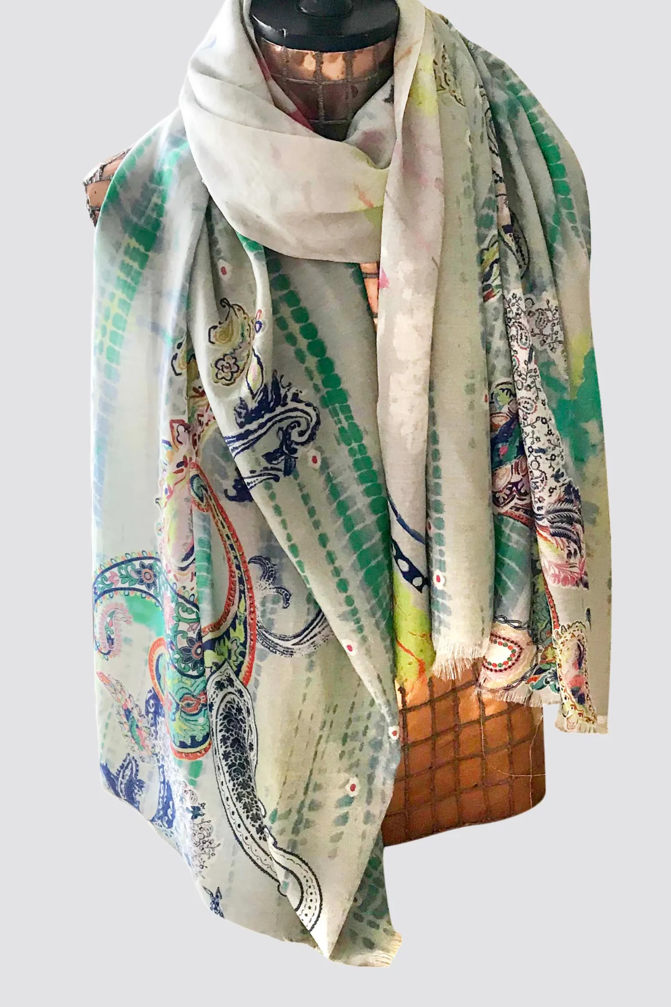 Grey Paisley Print Raw Silk Cashmere Scarf