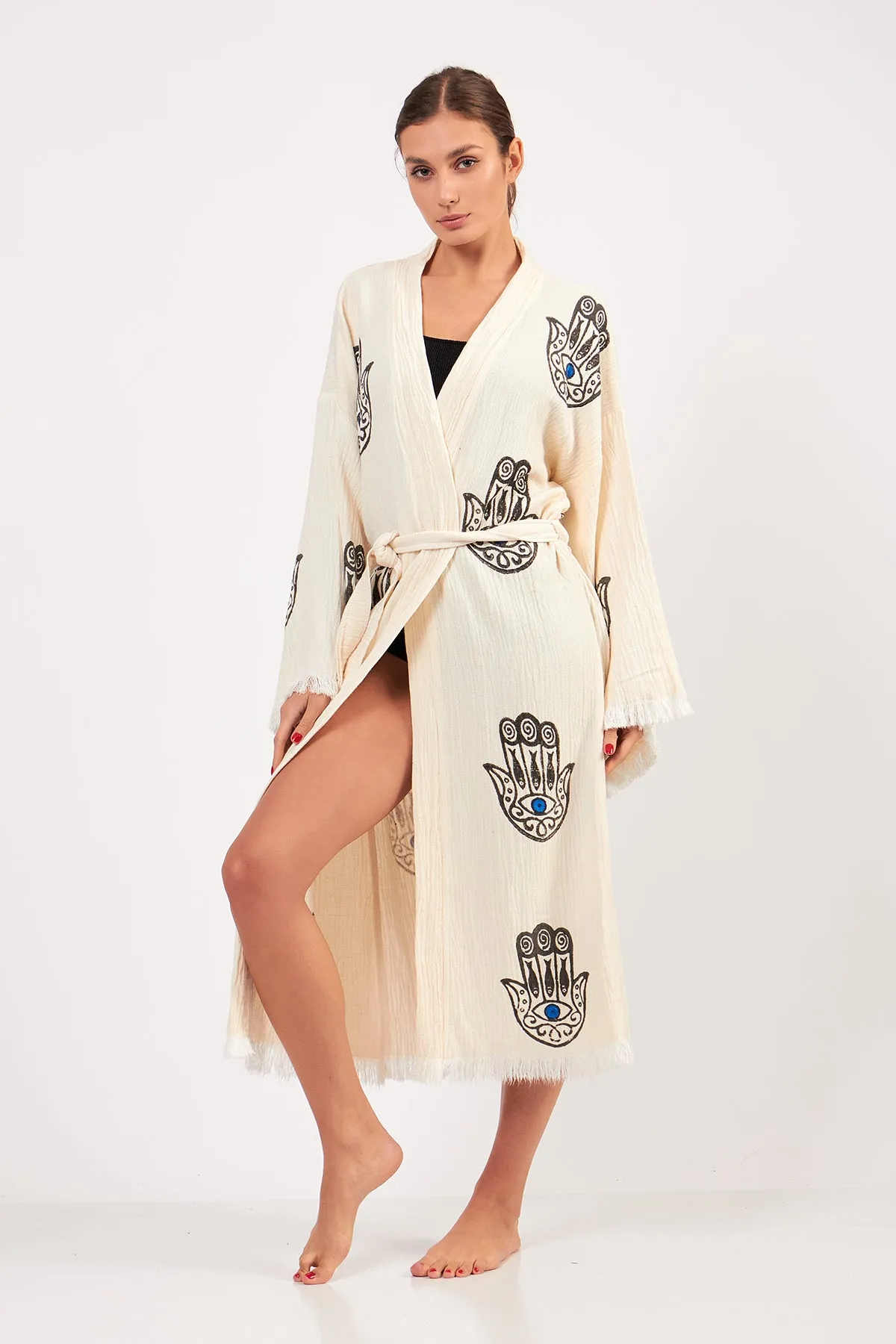 Hamsa Design Three-Layer Muslin Turkish Towel Kimono Robe