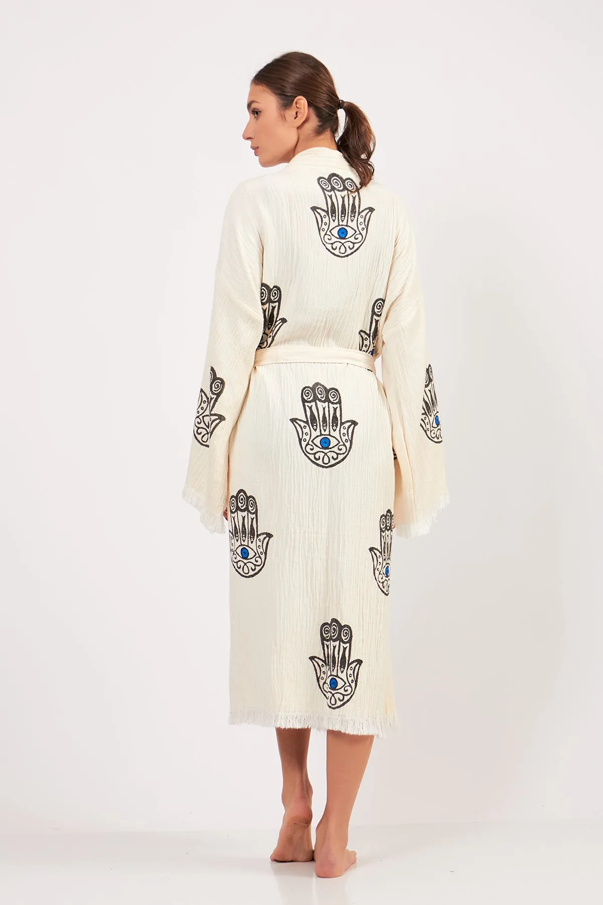 Hamsa Design Three-Layer Muslin Turkish Towel Kimono Robe