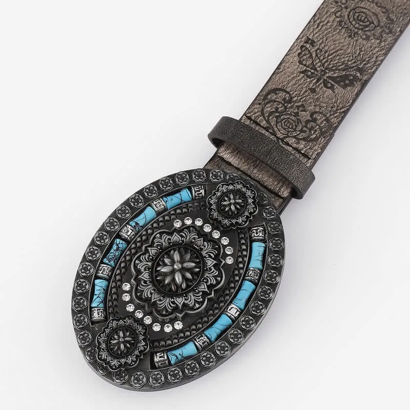 Men's Bohemian Turquoise Decor Floral Leather Belt