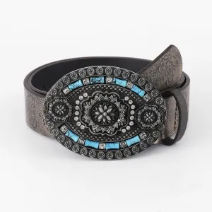 Men's Bohemian Turquoise Decor Floral Leather Belt