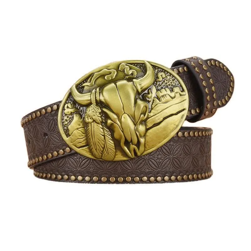 Men's Bull Head Buckle Rivet Decor Leather Belt