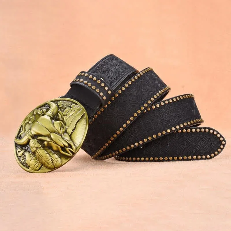 Men's Bull Head Buckle Rivet Decor Leather Belt