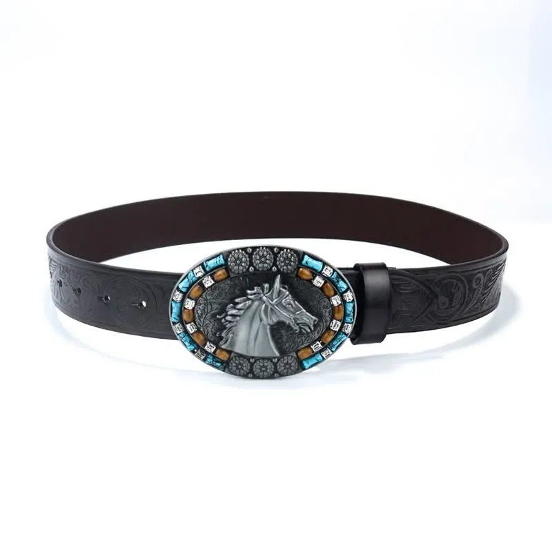 Men's Cowboy Horse Head Turquoise Leather Belt