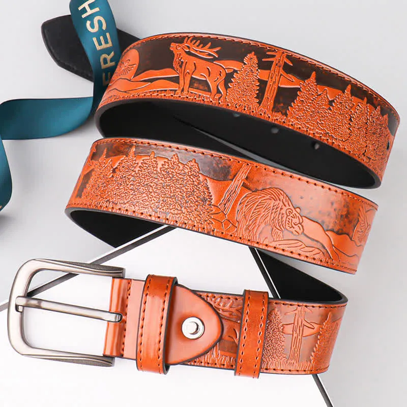 Men's Embossed Deer Animal Pattern Leather Belt