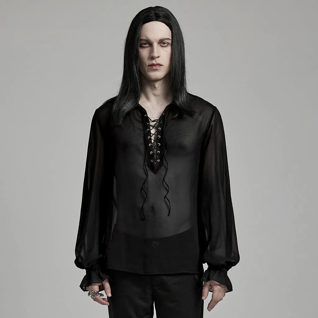 Men's Gothic Lantern Sleeved Lace-up Sheer Chiffon Shirt