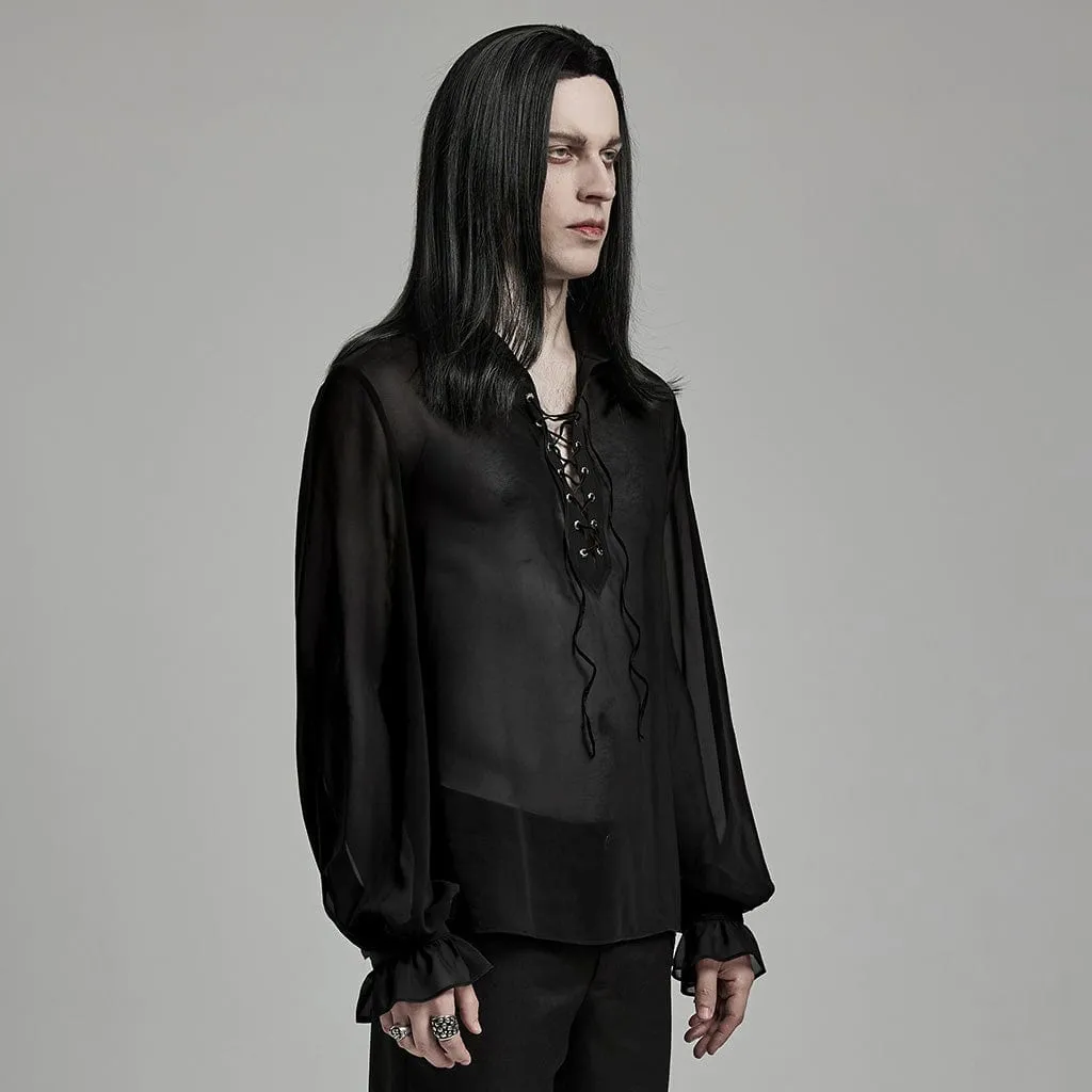 Men's Gothic Lantern Sleeved Lace-up Sheer Chiffon Shirt