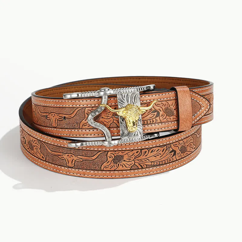 Men's Unique Western Bull Head Buckle Leather Belt