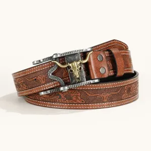 Men's Unique Western Bull Head Buckle Leather Belt