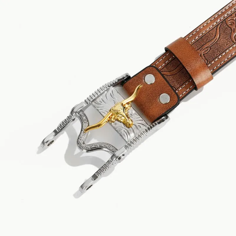 Men's Unique Western Bull Head Buckle Leather Belt