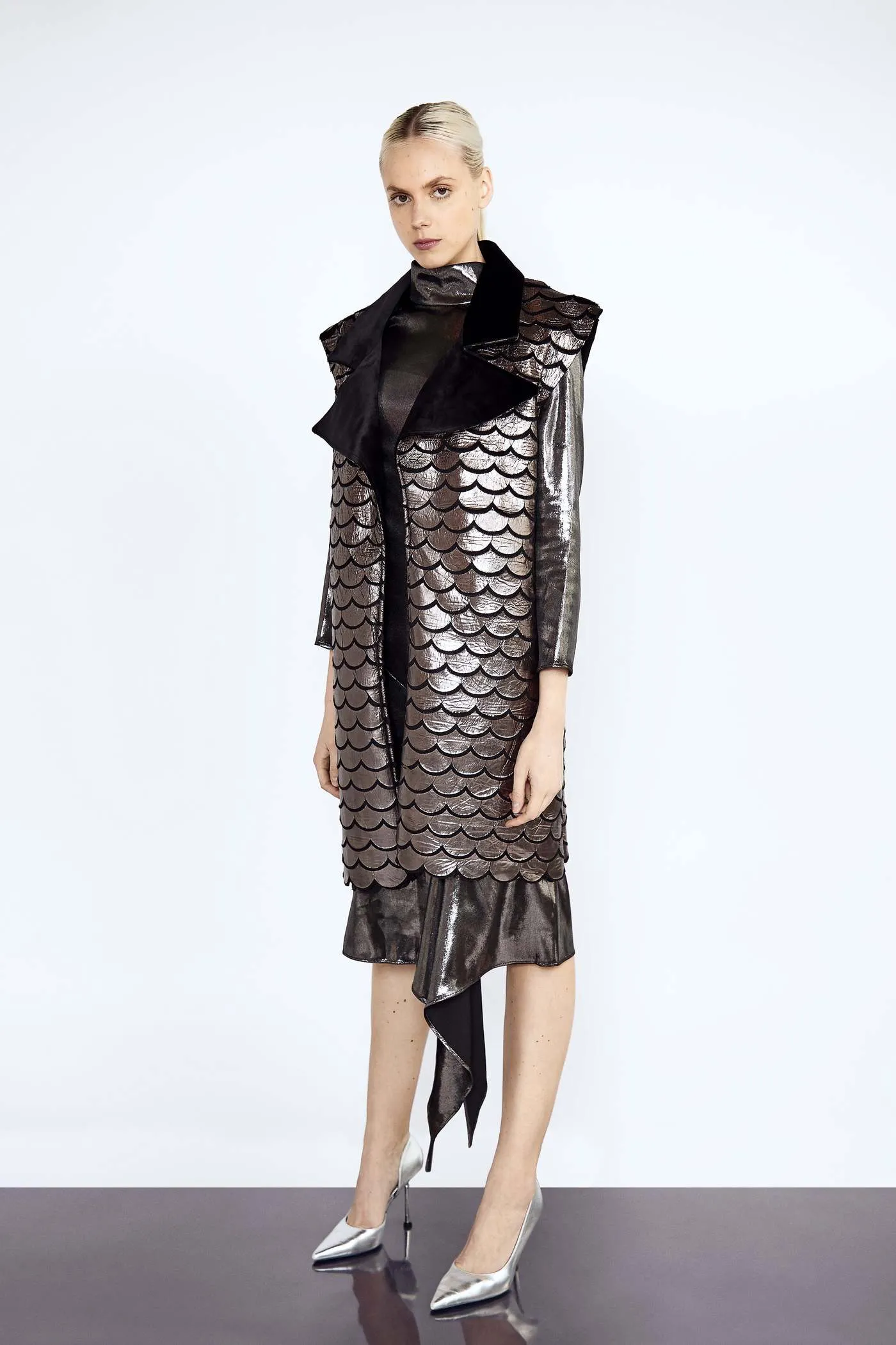 Metallic Mermaid Longline Vest with Exaggerated Black Velvet Collar