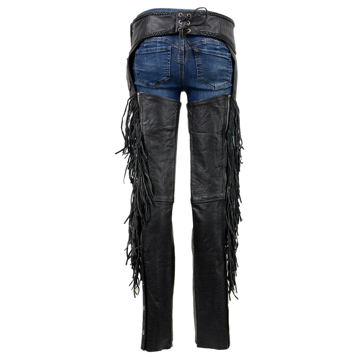 Milwaukee Leather SH1116 Women's Classic Braided & Fringed Black Leather Motorcycle Chaps w/ Turq Rose Embroidery