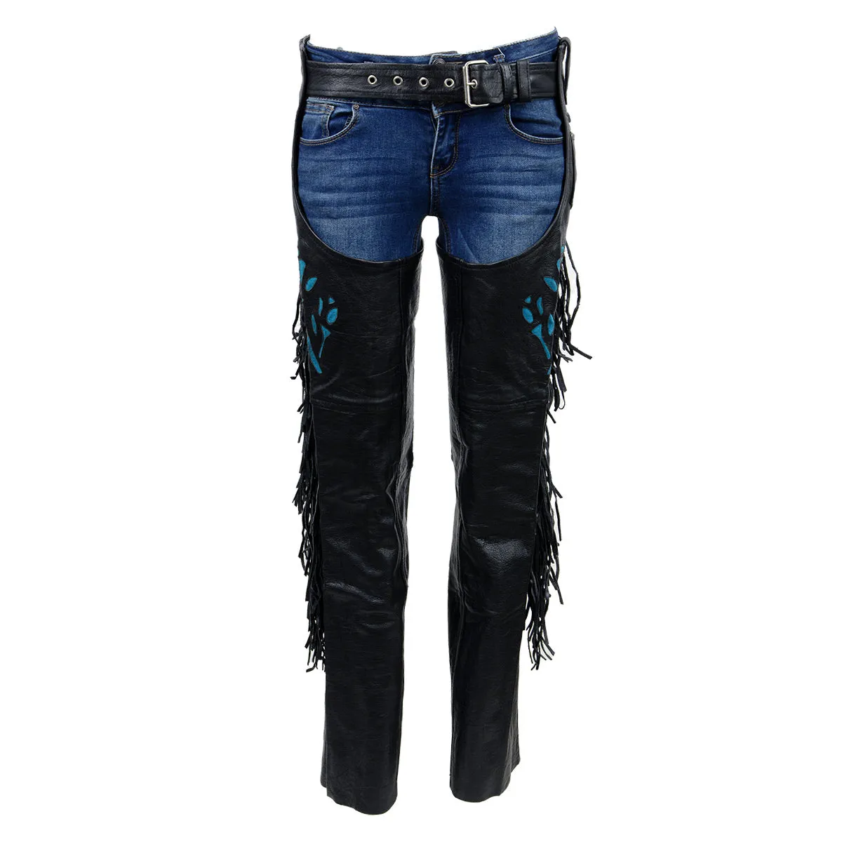 Milwaukee Leather SH1116 Women's Classic Braided & Fringed Black Leather Motorcycle Chaps w/ Turq Rose Embroidery