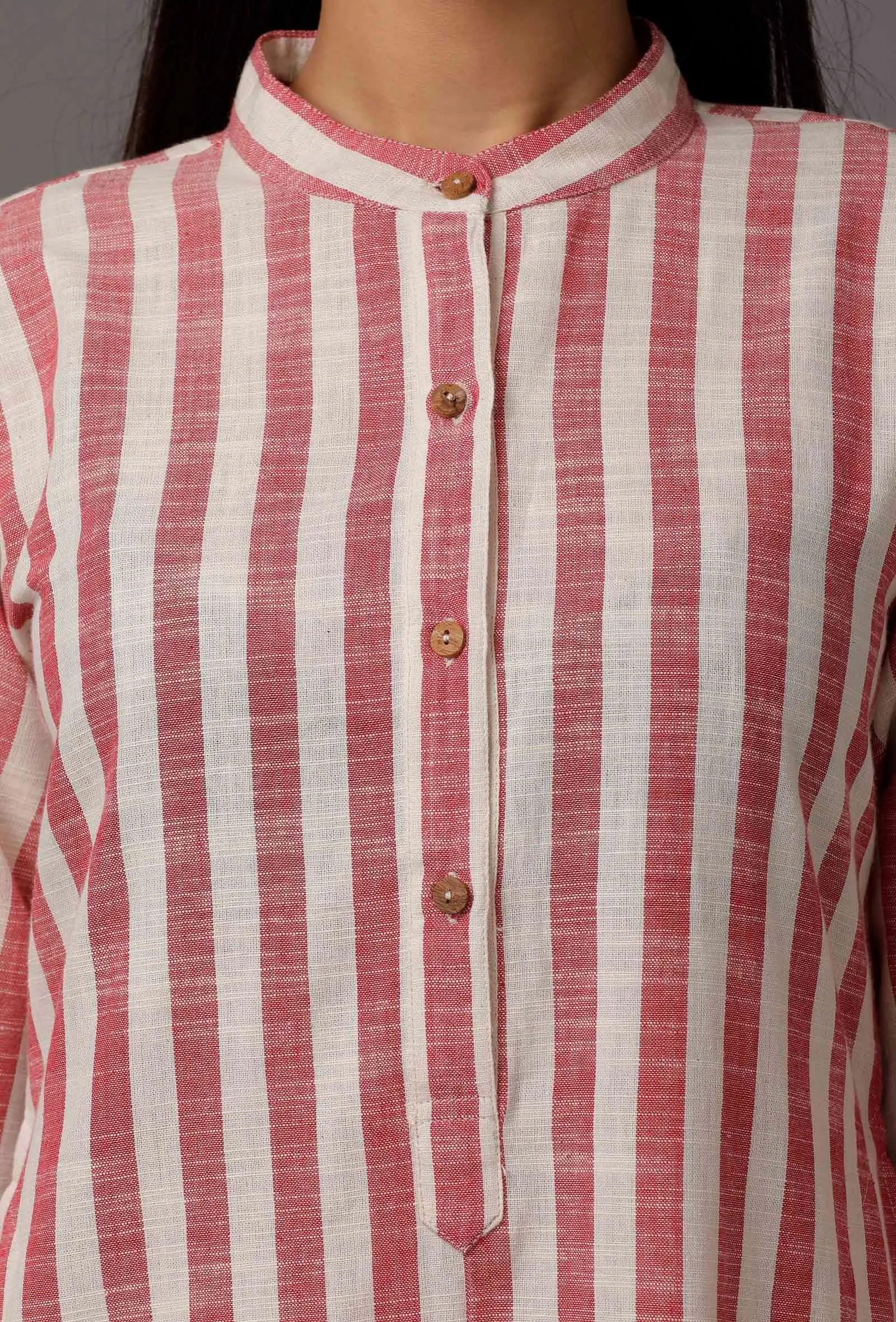 Peach  Red and White Stripes Pure Woven Cotton Kurta