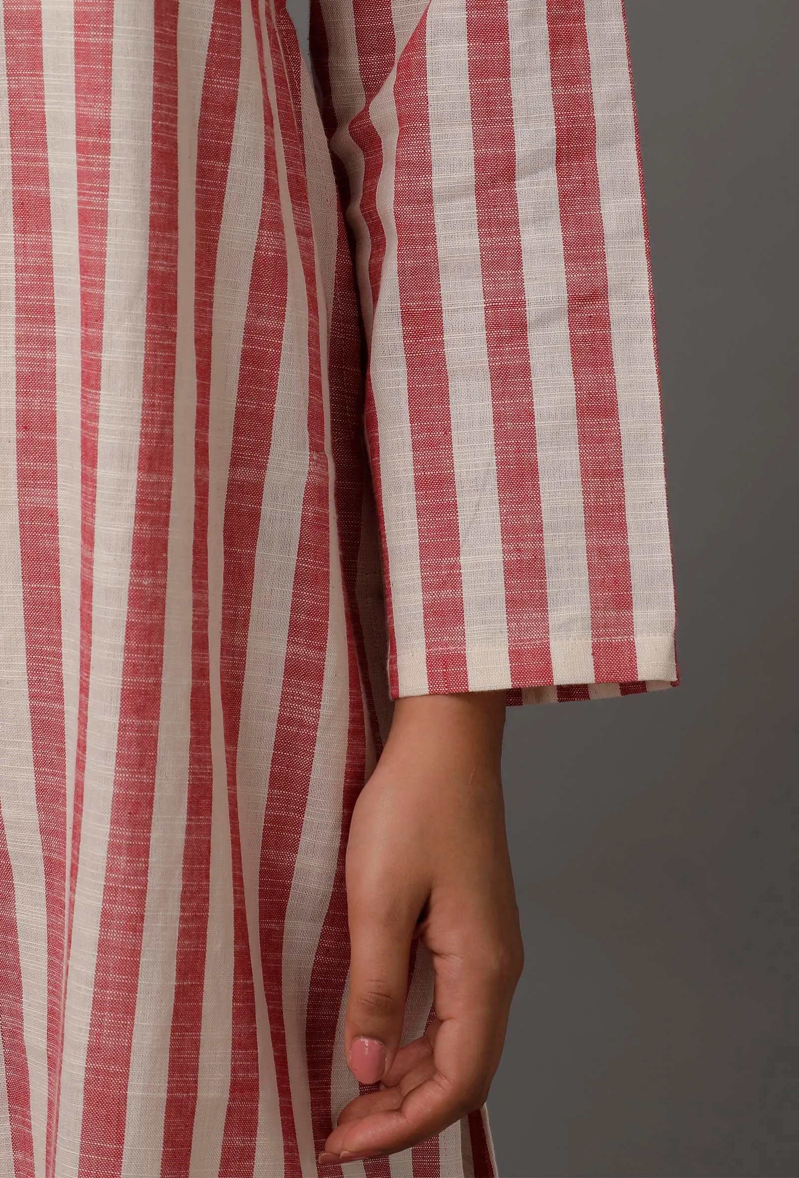 Peach  Red and White Stripes Pure Woven Cotton Kurta