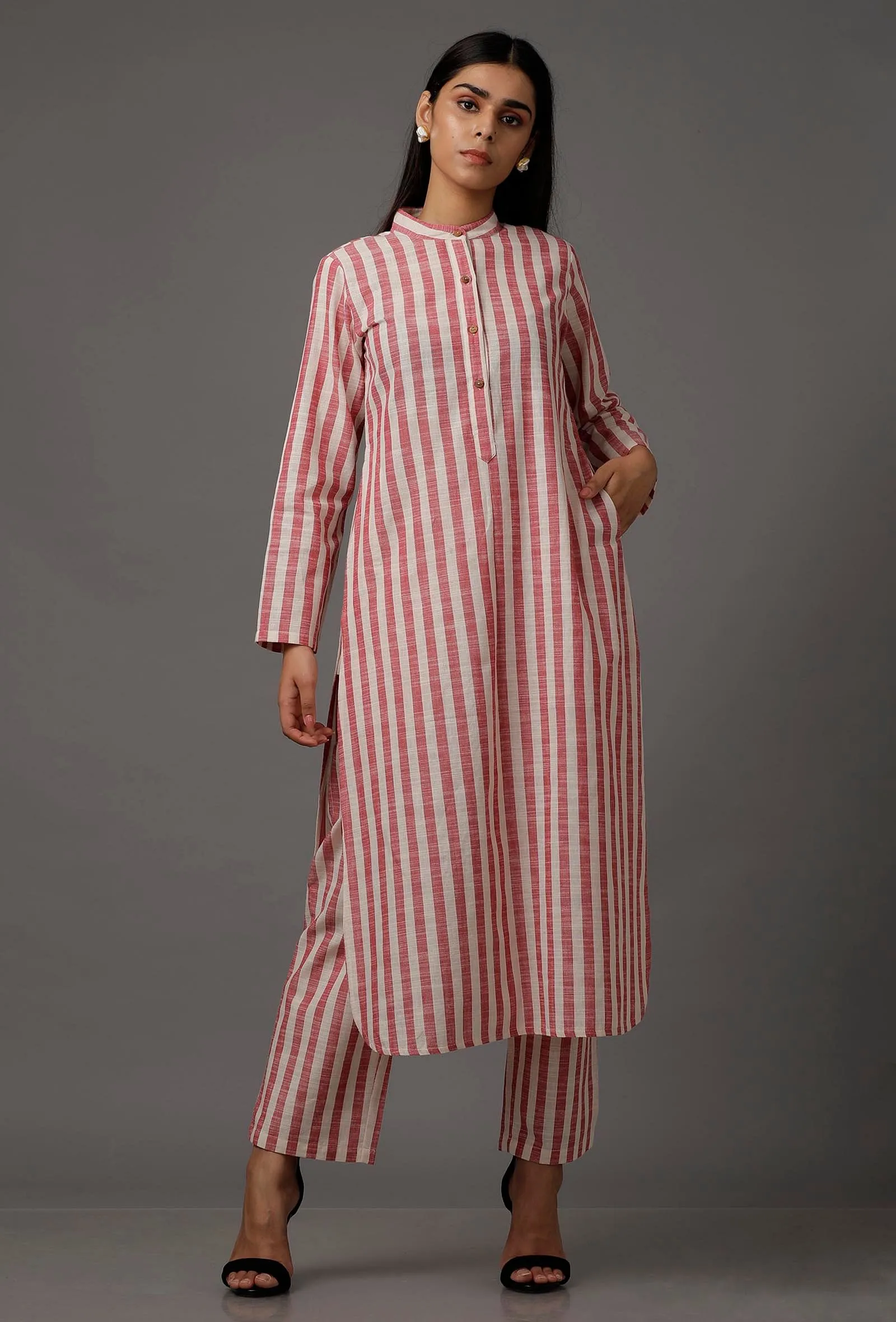 Peach  Red and White Stripes Pure Woven Cotton Kurta