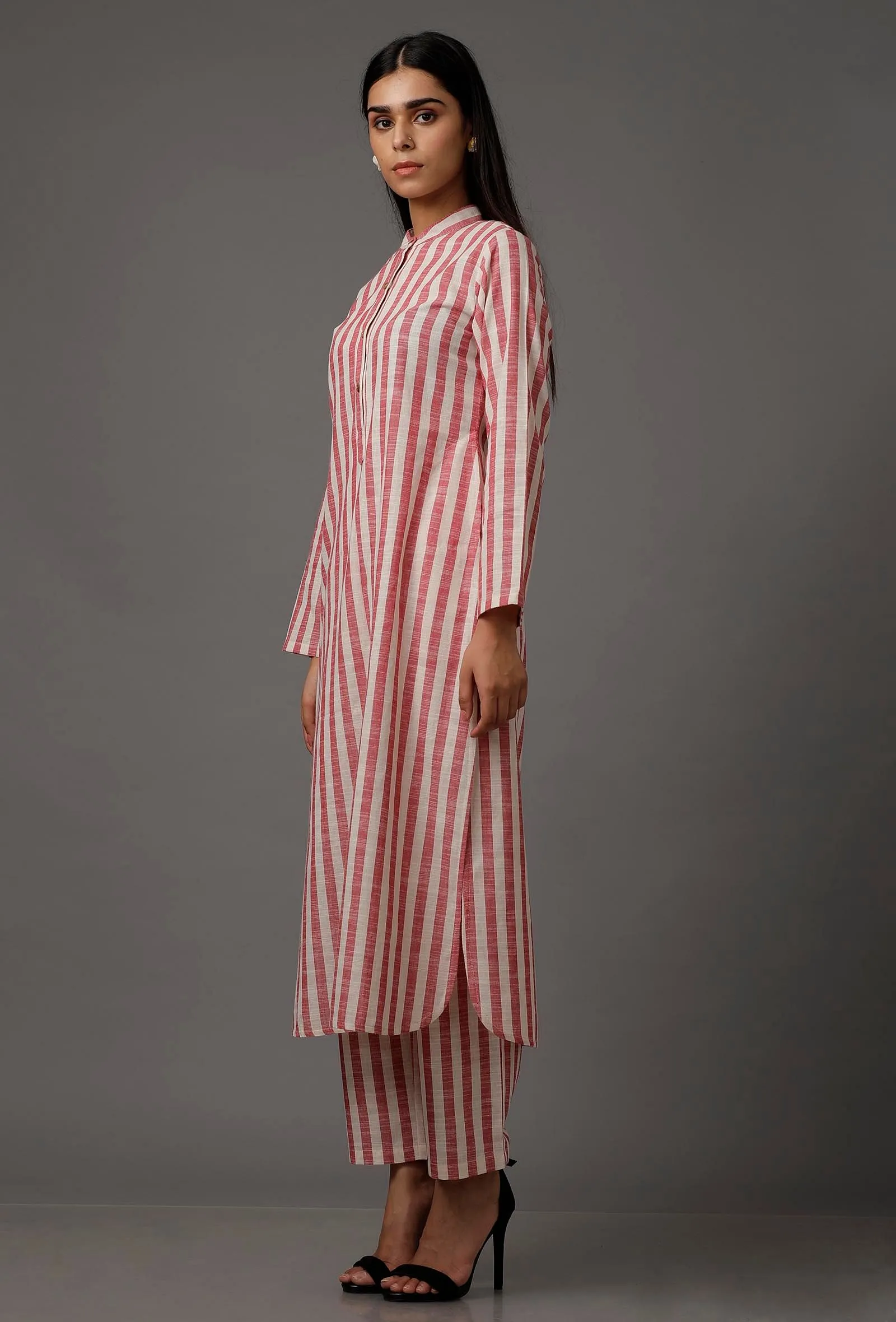 Peach  Red and White Stripes Pure Woven Cotton Kurta