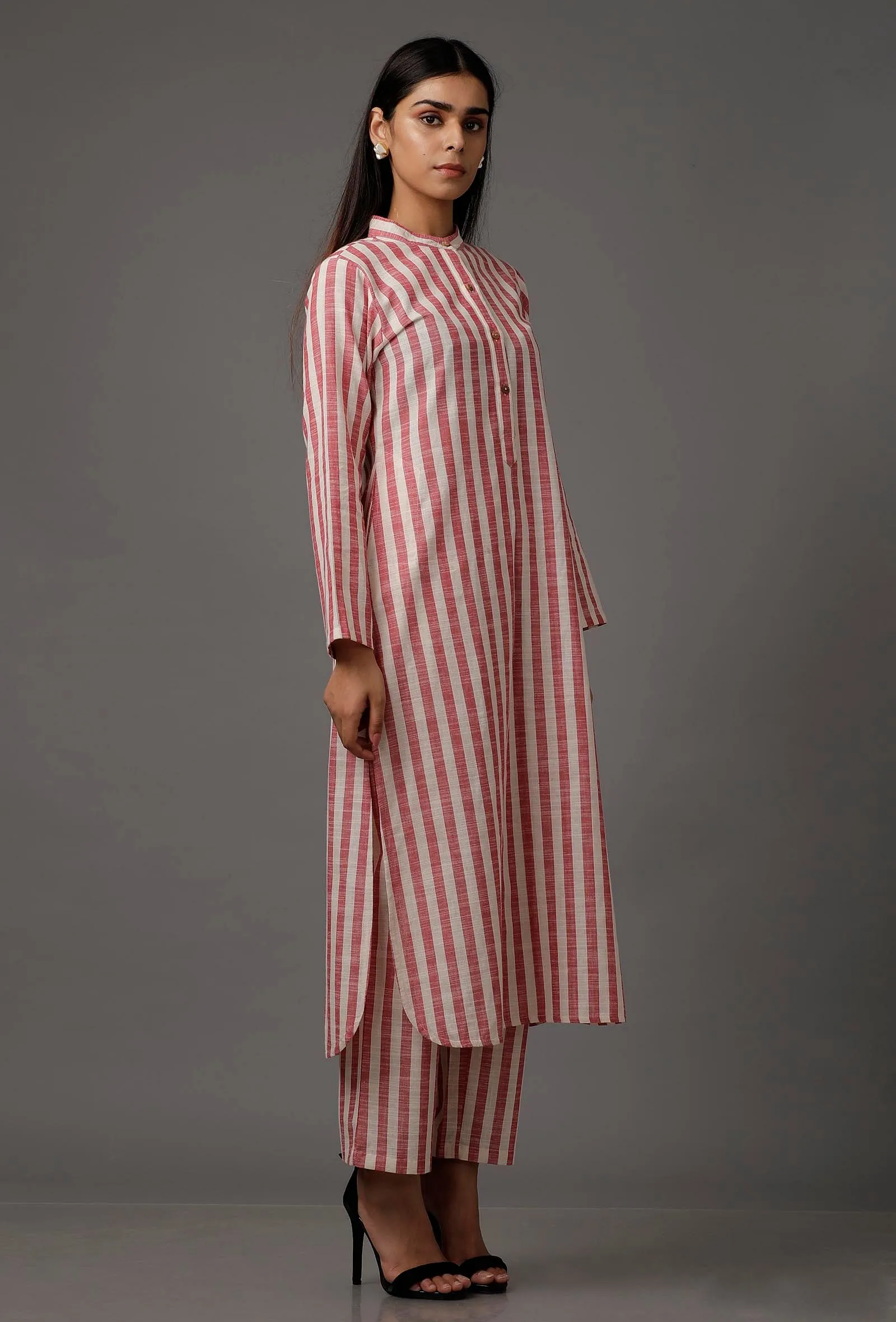 Peach  Red and White Stripes Pure Woven Cotton Kurta