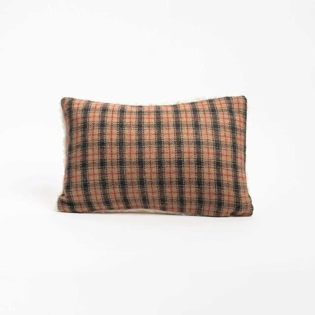 Plaid and Shearling Small Lumbar Pillow