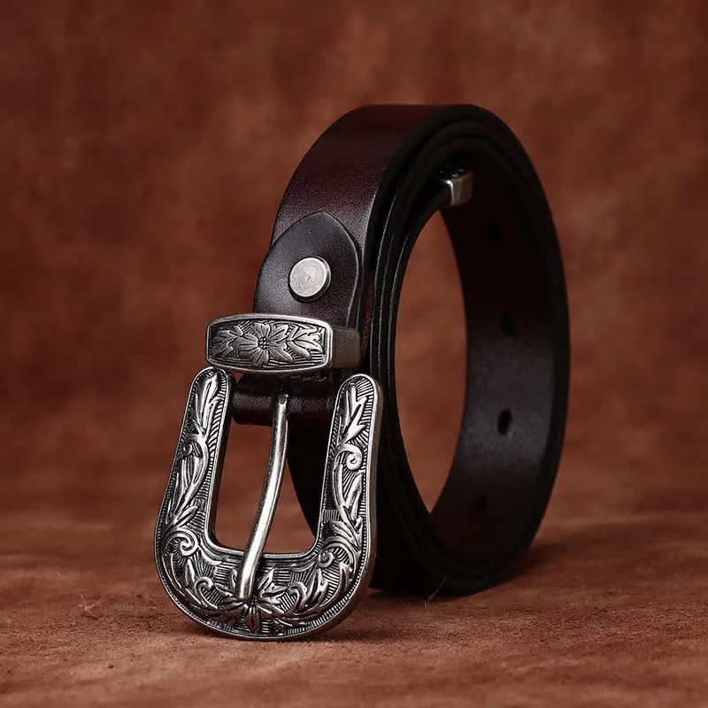 Retro Carved Buckle Western Style Narrow Leather Belt