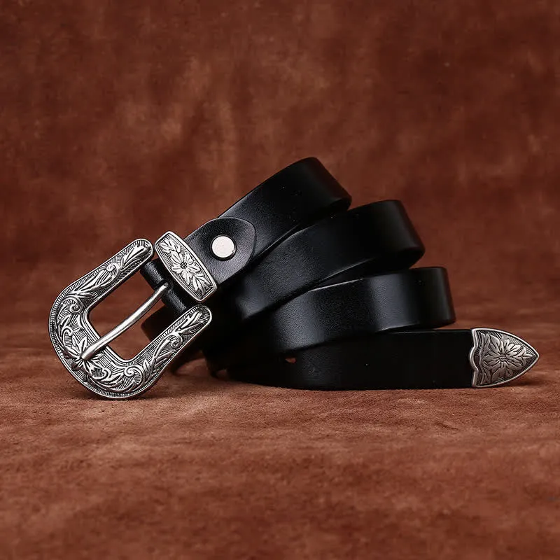 Retro Carved Buckle Western Style Narrow Leather Belt