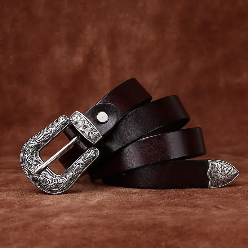 Retro Carved Buckle Western Style Narrow Leather Belt