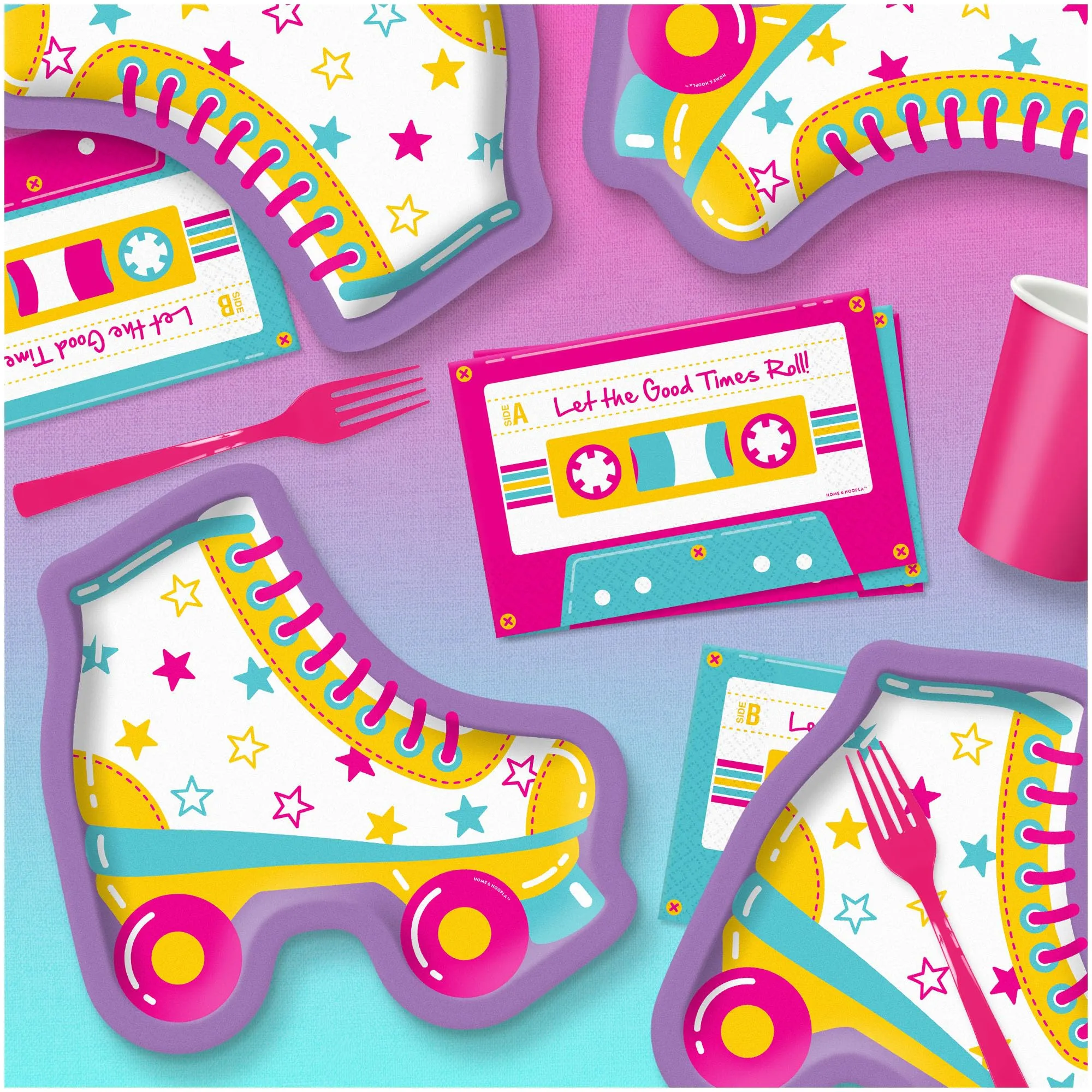 Retro Party Supplies - Roller Skate Shaped Paper Dessert Plates for 16 Guests