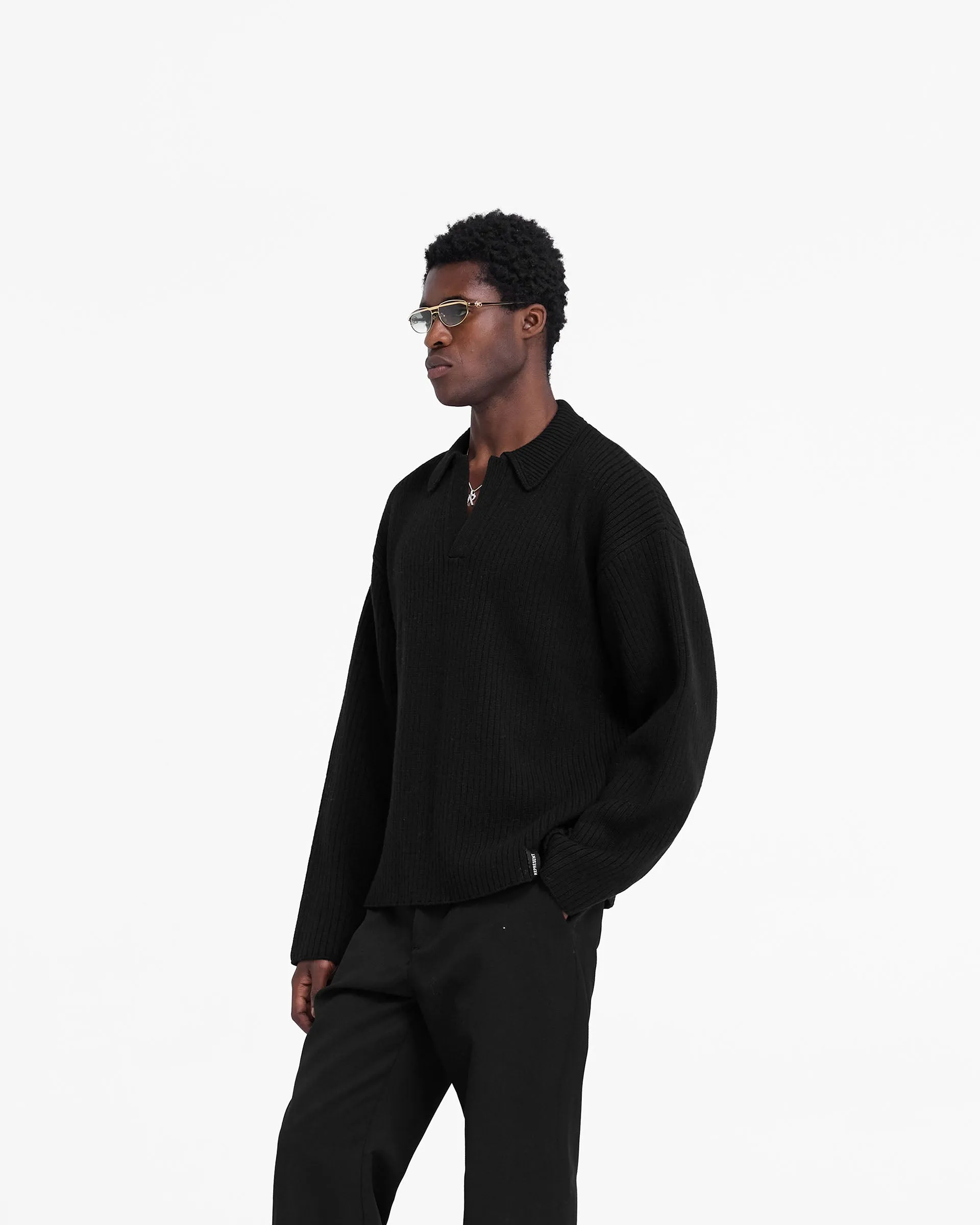 Ribbed Knit Polo - Jet Black