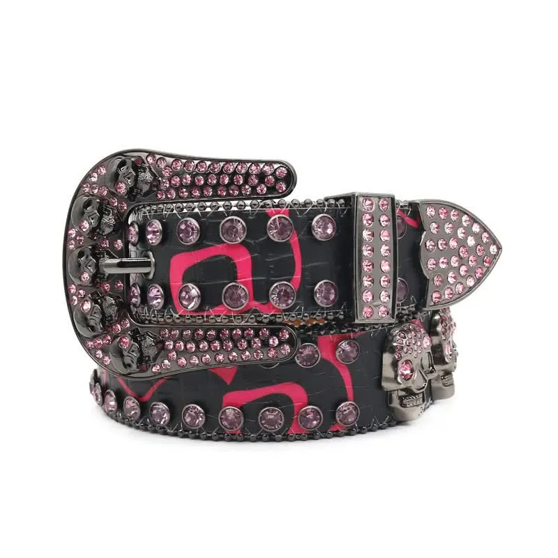 Skull Inlaid Design Rhinestone Rivet Leather Belt