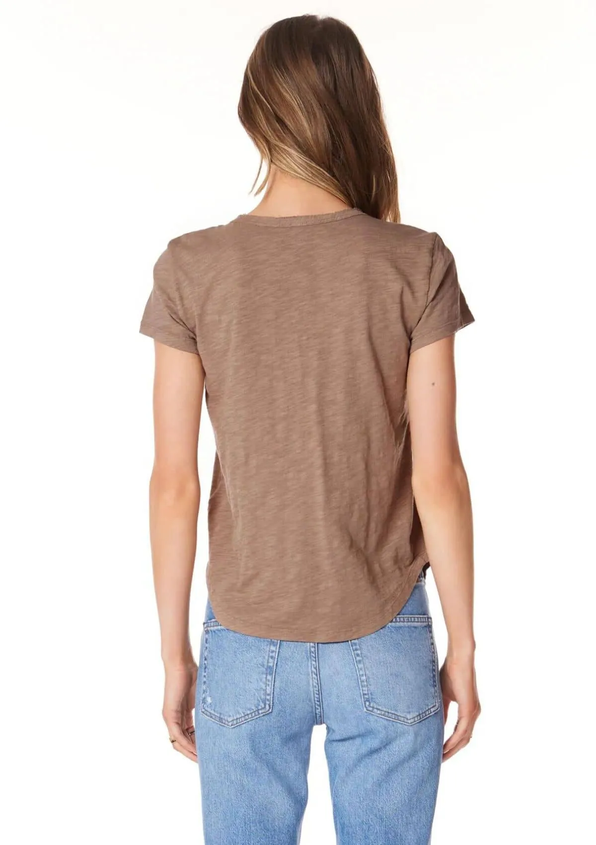 Split Neck Raw Edge Short Sleeve Tee - Hazelnut