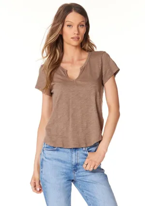 Split Neck Raw Edge Short Sleeve Tee - Hazelnut